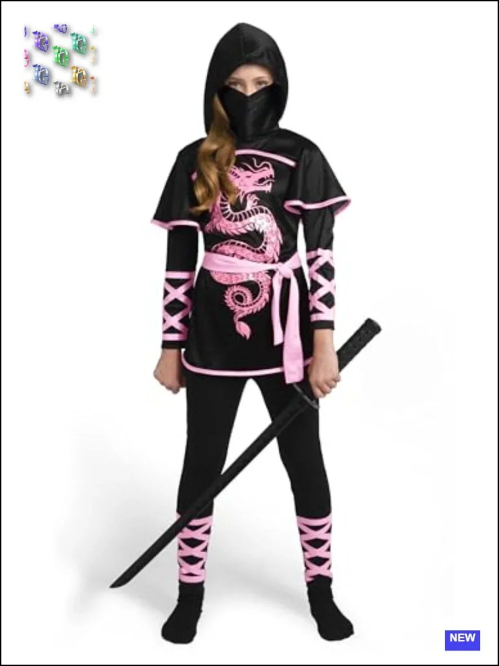 Kids Ninja Dragon Costume Set Halloween Dress Up Hooded Dress with Mask Pants